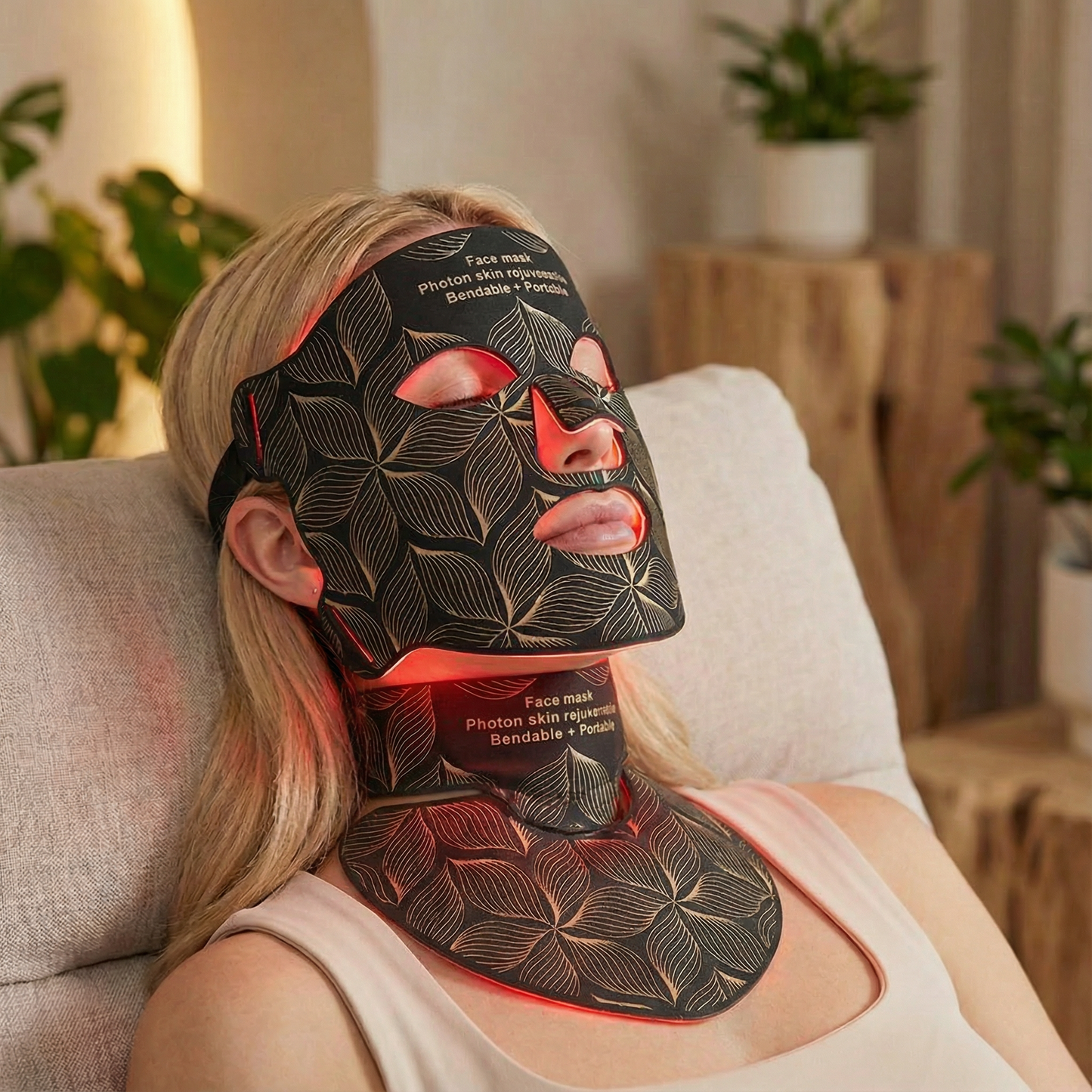 Person wearing a black face mask with red lights in a home setting