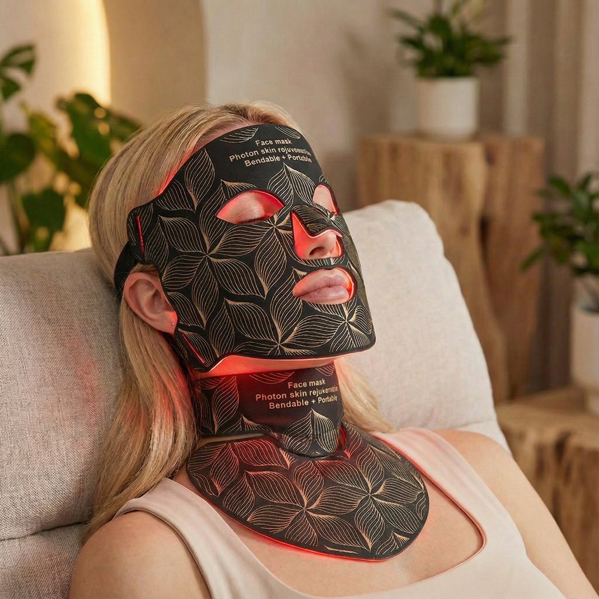 Person wearing a black face mask with red lights in a home setting