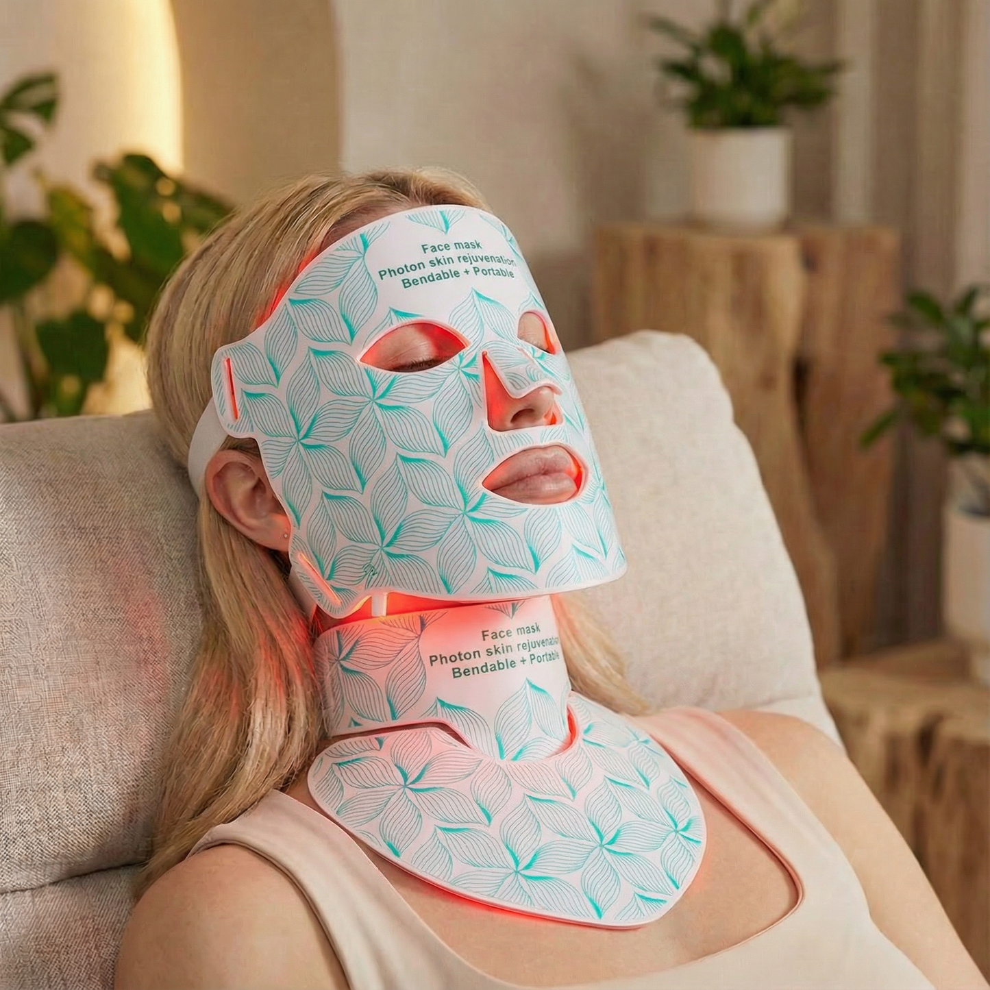 Woman wearing a LED face and neck mask in a home setting