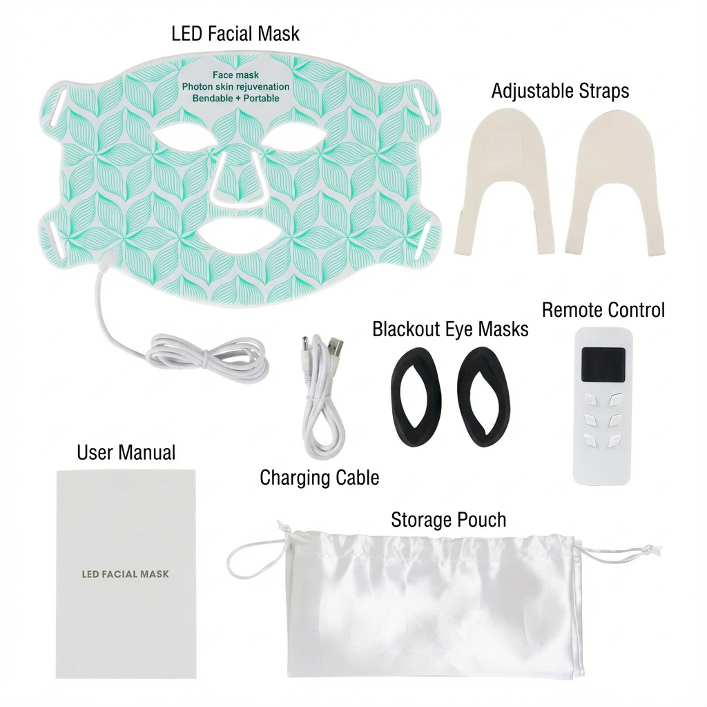 LED facial mask set with adjustable straps, remote control, blackout eye masks, charging cable, user manual, and storage pouch on a white background.