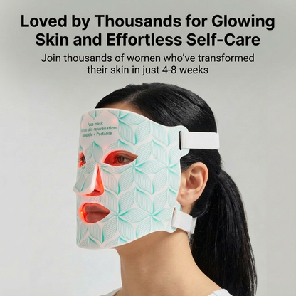 Woman wearing a skincare mask with promotional text about skin transformation.