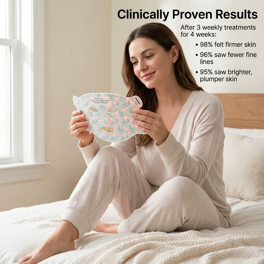 Woman sitting on a bed holding a skincare mask with text about clinical proven results.