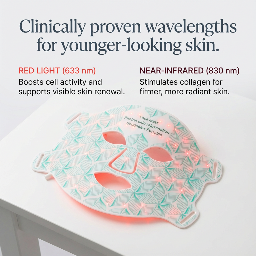 Facial mask with LED lights on a white surface, featuring text about clinically proven wavelengths for skin rejuvenation.